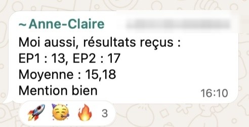 Message d'Anne-Claire annonçant l'obtention de son CAP Pâtissier avec mention bien, moyenne 15,18