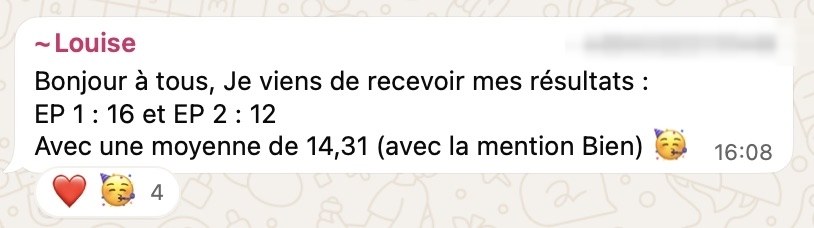 Message de Louise annonçant l'obtention de son CAP Pâtissier avec mention bien, moyenne 14,31