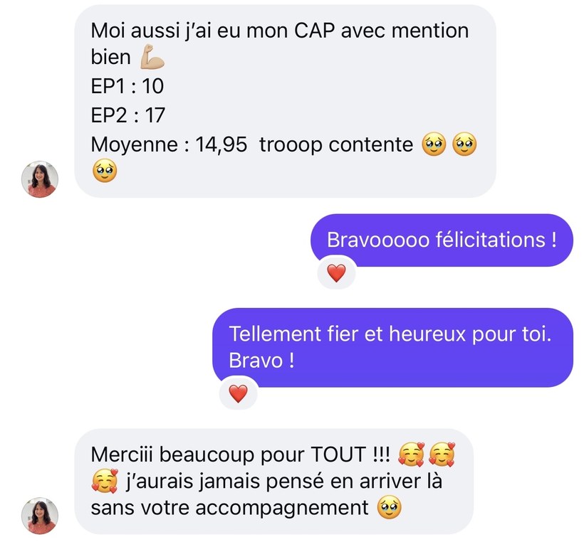Message d'une élève annonçant l'obtention de son CAP Pâtissier avec mention bien, moyenne 14,95