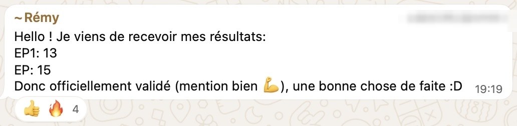 Message de Rémy annonçant l'obtention de son CAP Pâtissier avec mention bien